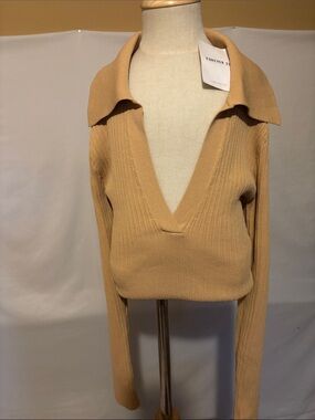 Women's Deep V Ribbed Knit Crop Top with Wide Collar and long sleeves - Camel